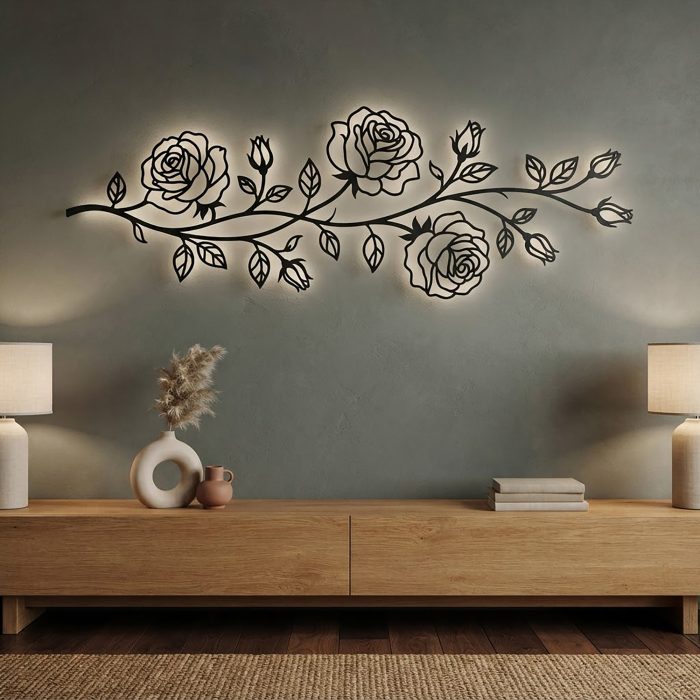 Rose Branch LED Metal Wall Art