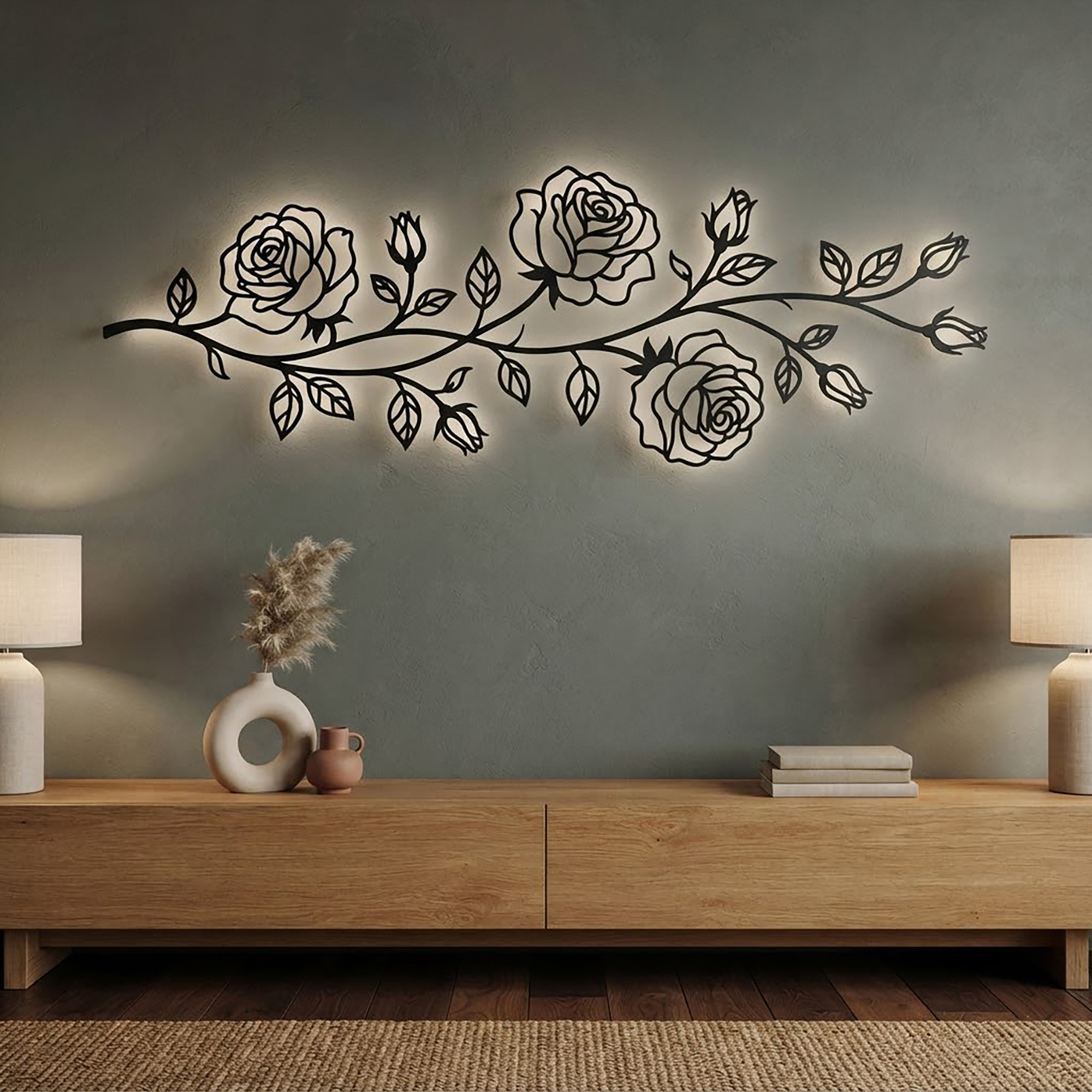 Rose Branch LED Metal Wall Art