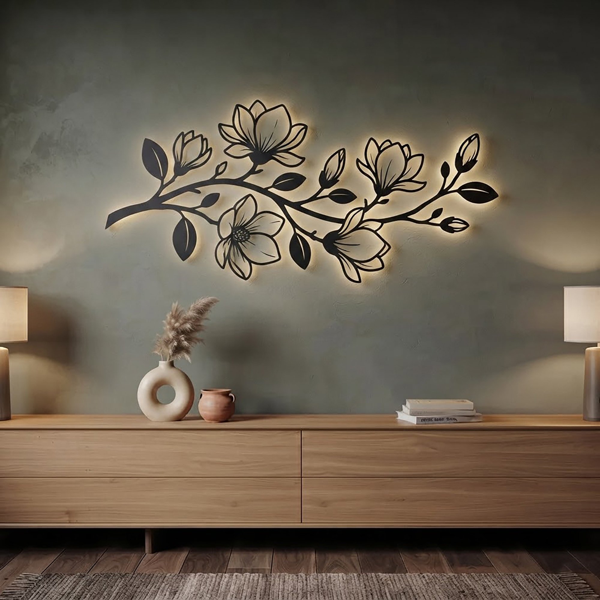 Magnolia Branch LED Metal Wall Art