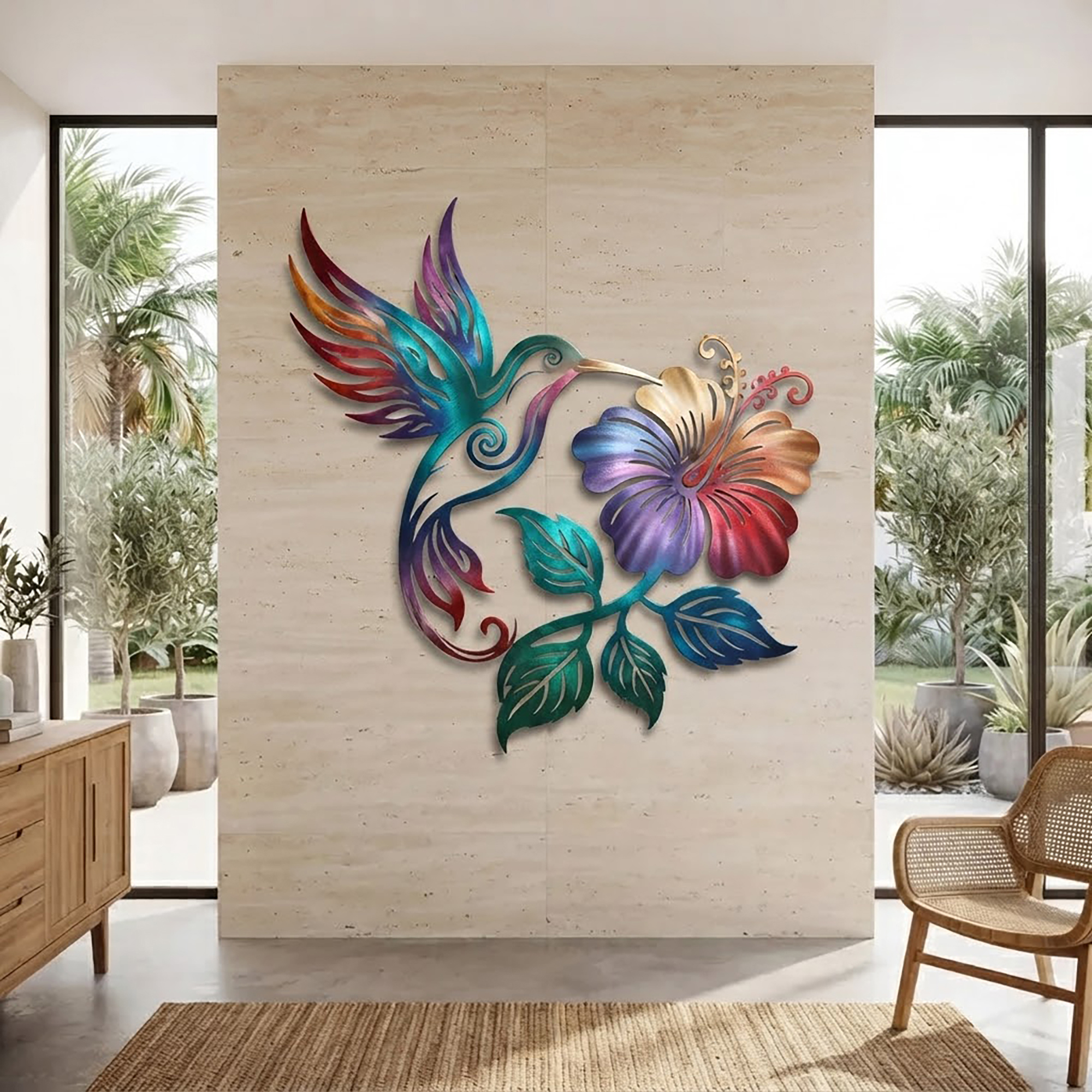Colorful Hummingbird and Hibiscus Metal Wall Art
