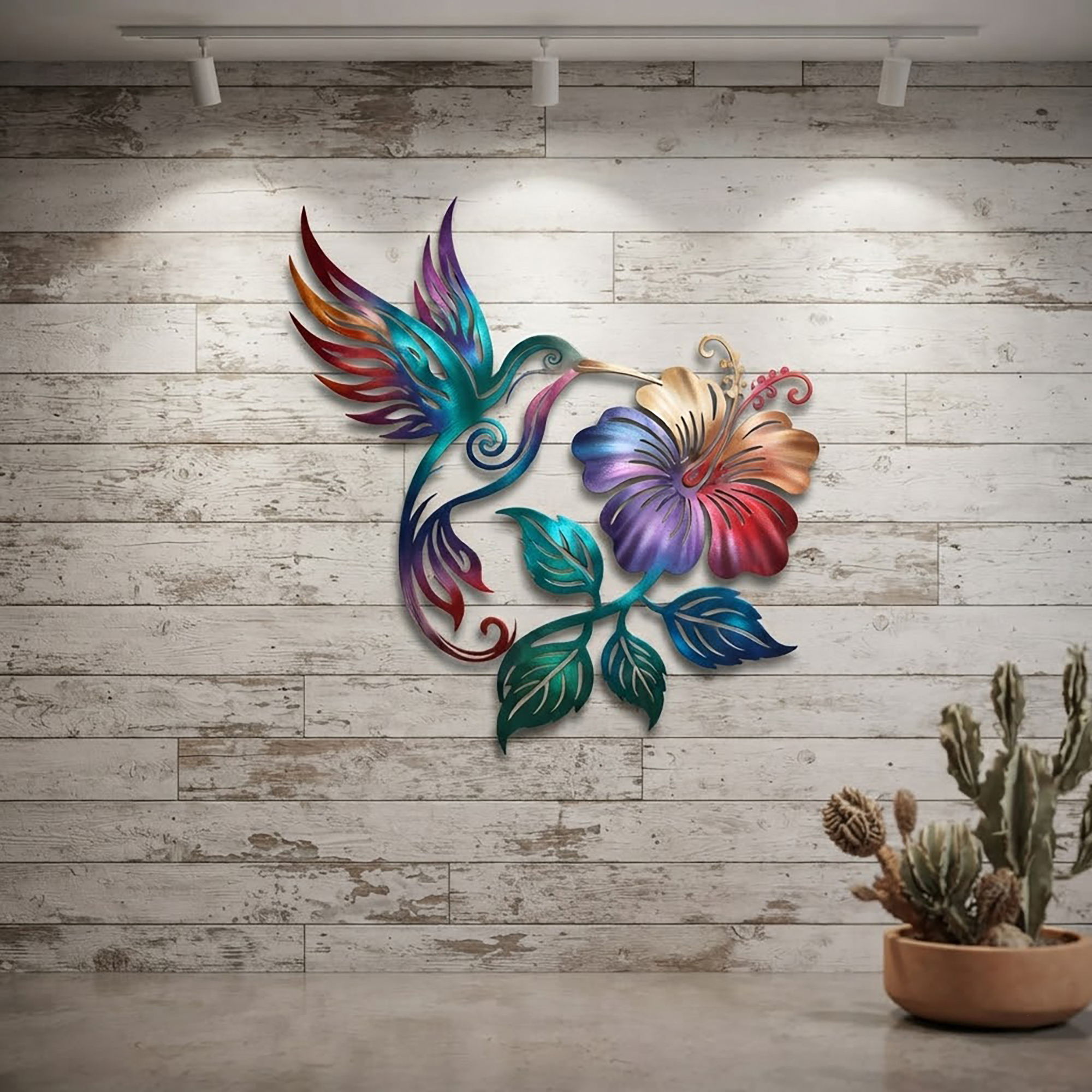 Colorful Hummingbird and Hibiscus Metal Wall Art - product view 2