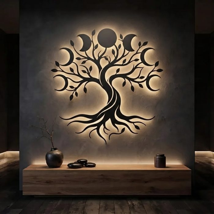 Moon Phase Tree of Life LED Metal Wall Art