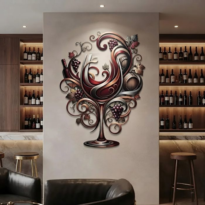 Wine Glass Metal Wall Art with Bottle and Grapes