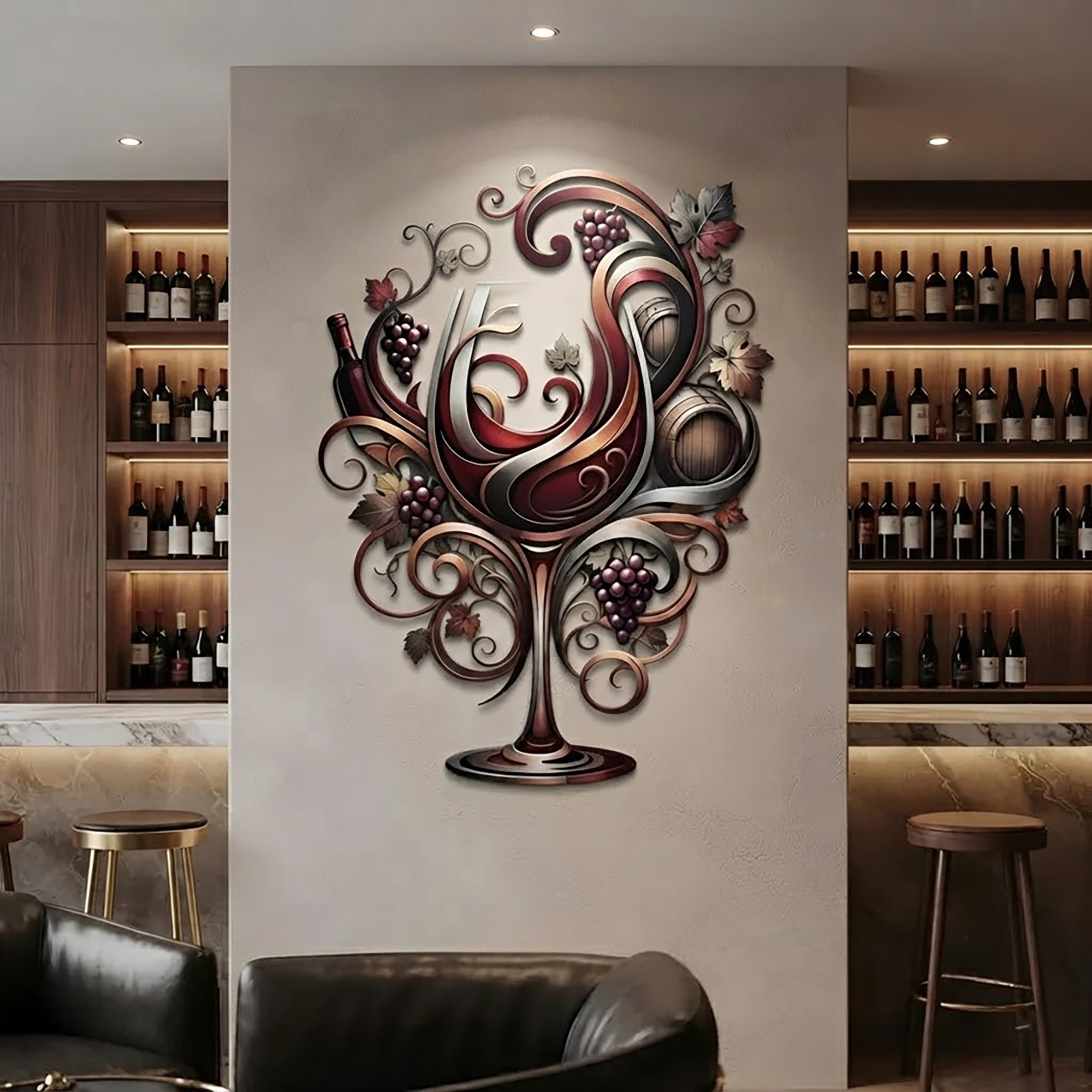 Wine Glass Metal Wall Art with Bottle and Grapes