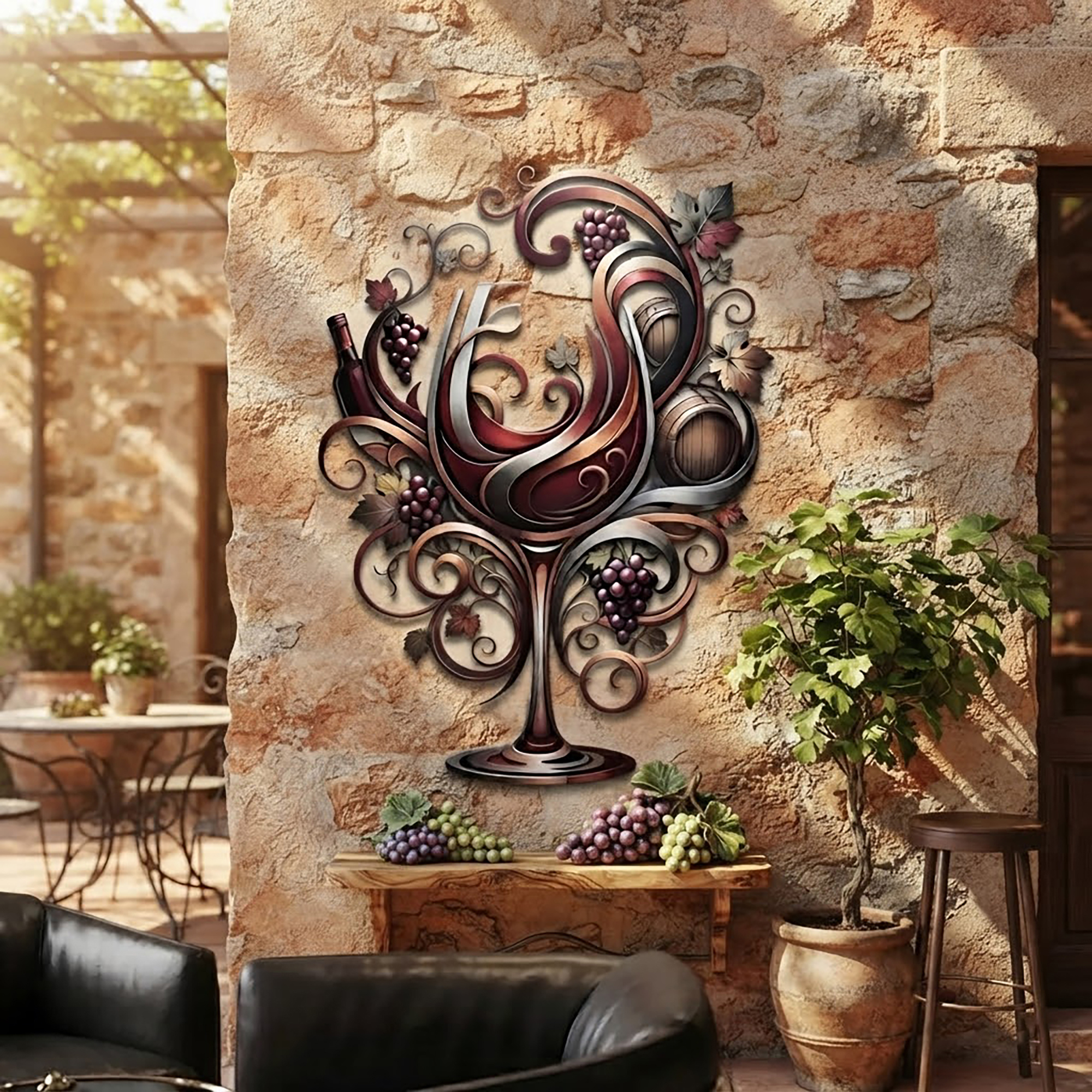 Wine Glass Metal Wall Art with Bottle and Grapes - product view 2