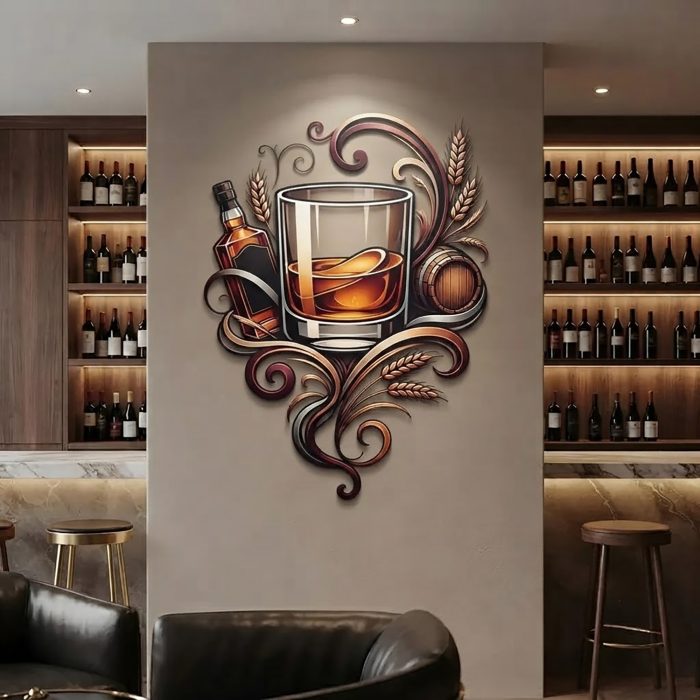 Whiskey Glass Metal Wall Art with Bottle and Barrel