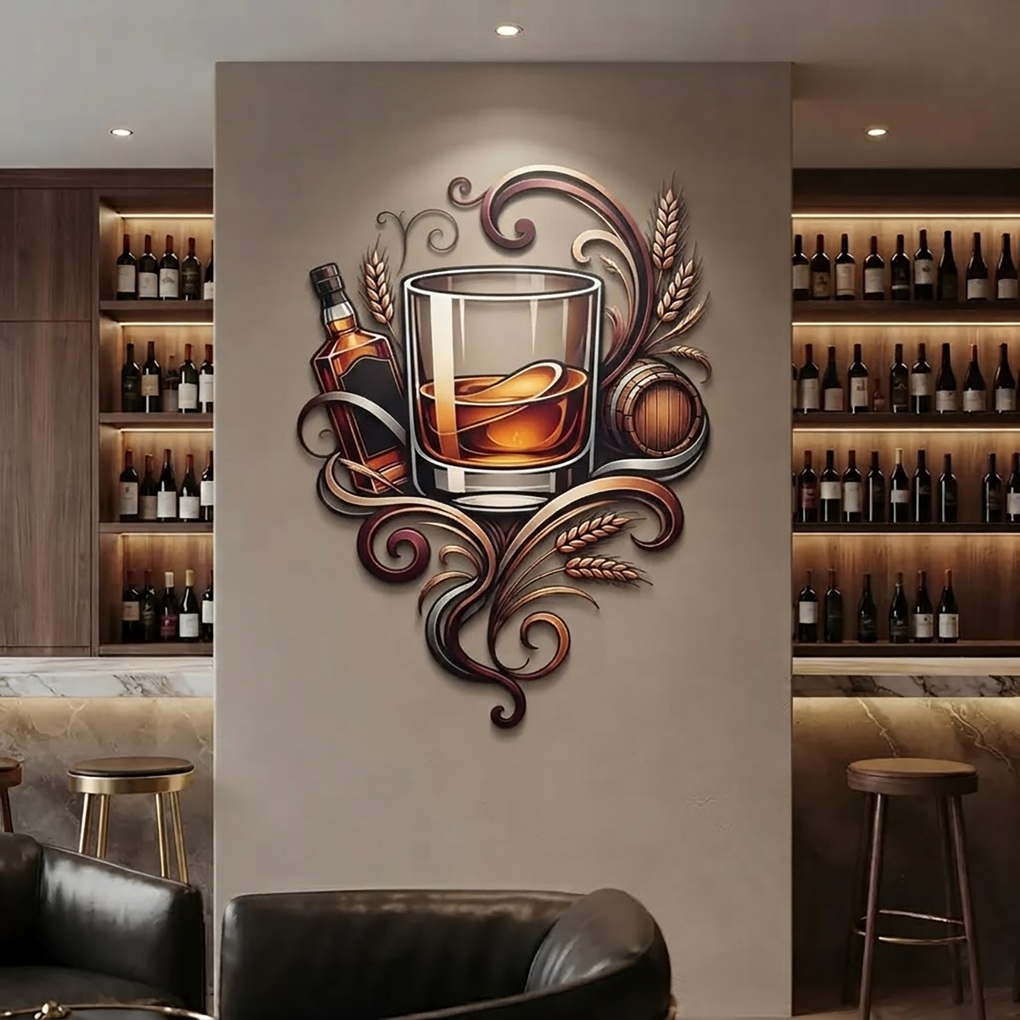 Whiskey Glass Metal Wall Art with Bottle and Barrel