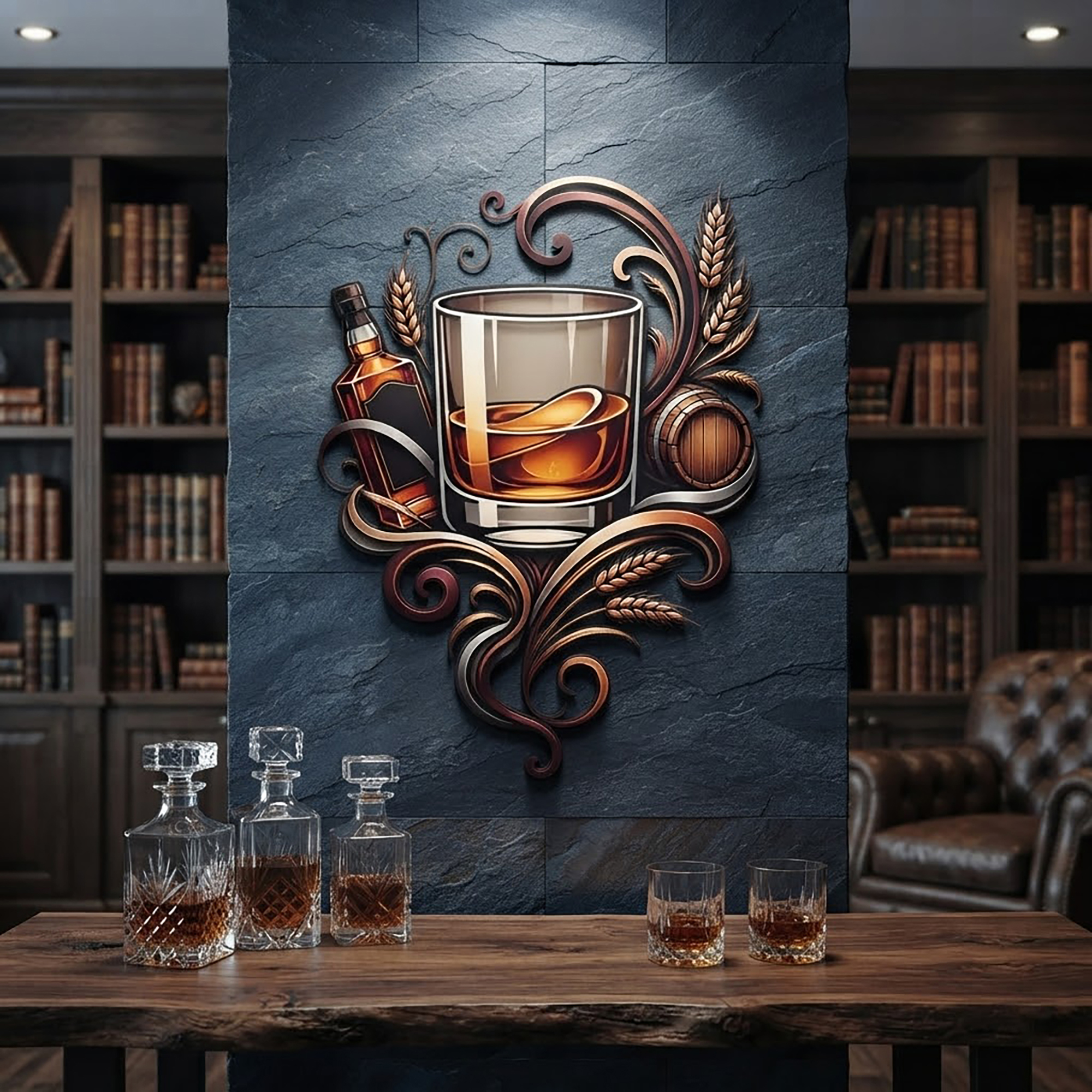 Whiskey Glass Metal Wall Art with Bottle and Barrel - product view 2