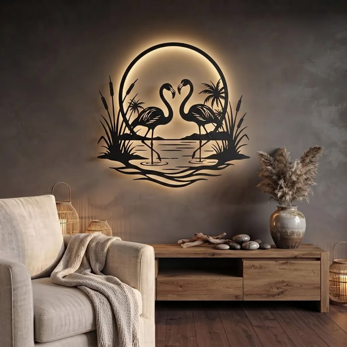 Flamingo Couple LED Metal Wall Art