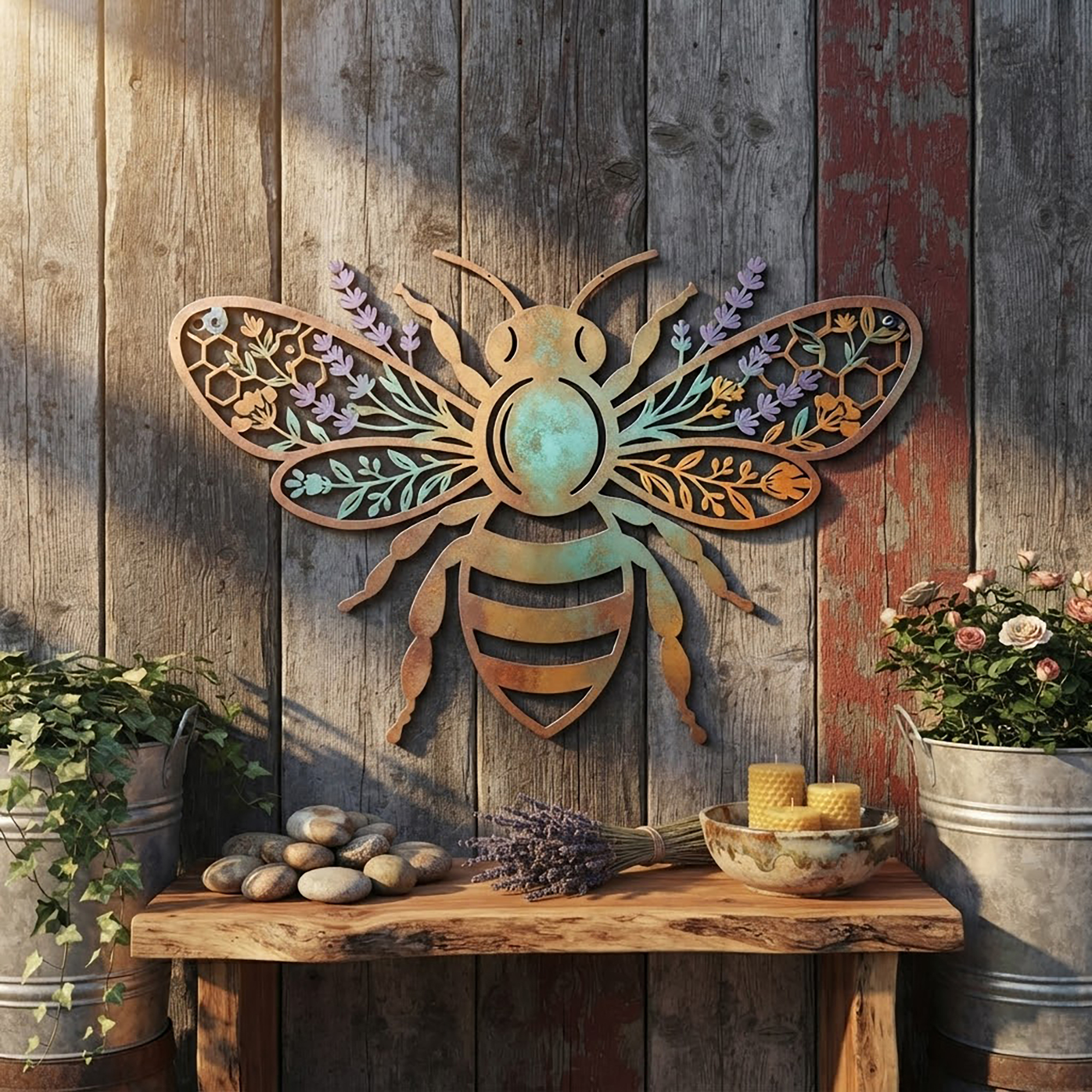 Floral Honey Bee Metal Wall Art - product view 2