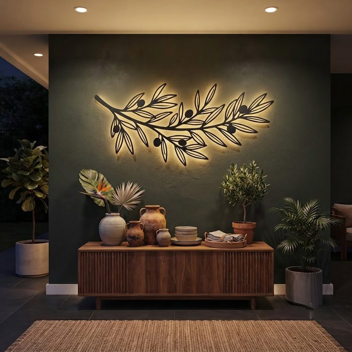Olive Branch LED Metal Wall Art