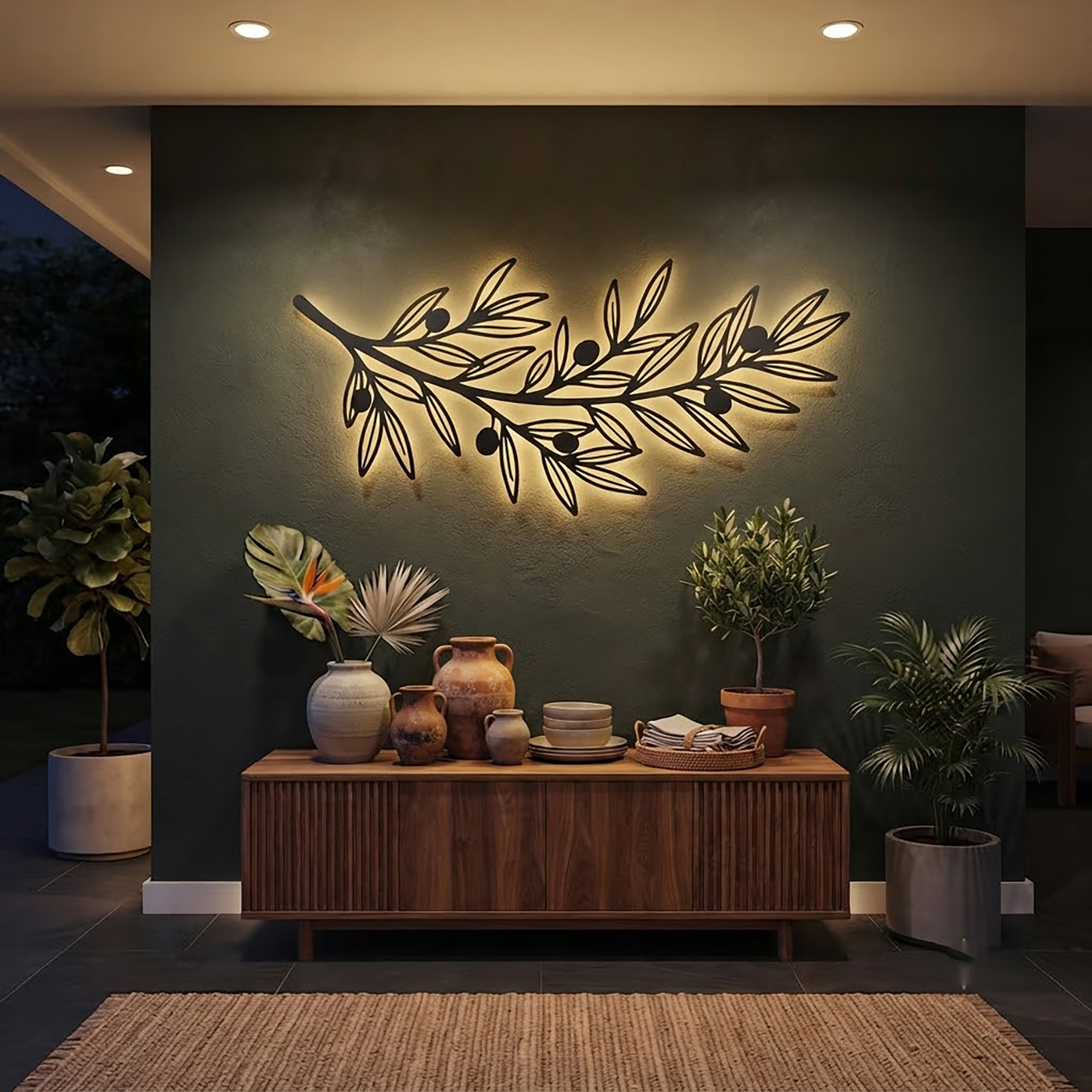 Olive Branch LED Metal Wall Art