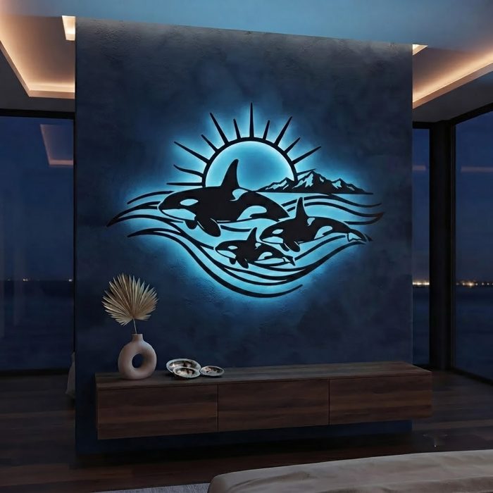 Orca Family LED Metal Wall Art