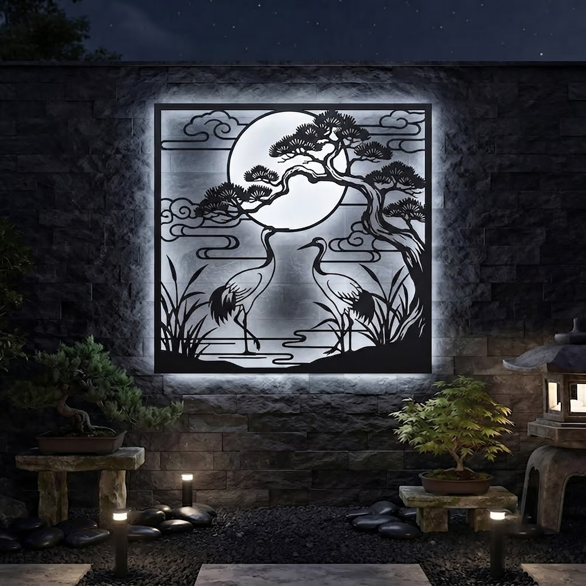 Japanese Crane LED Metal Wall Art