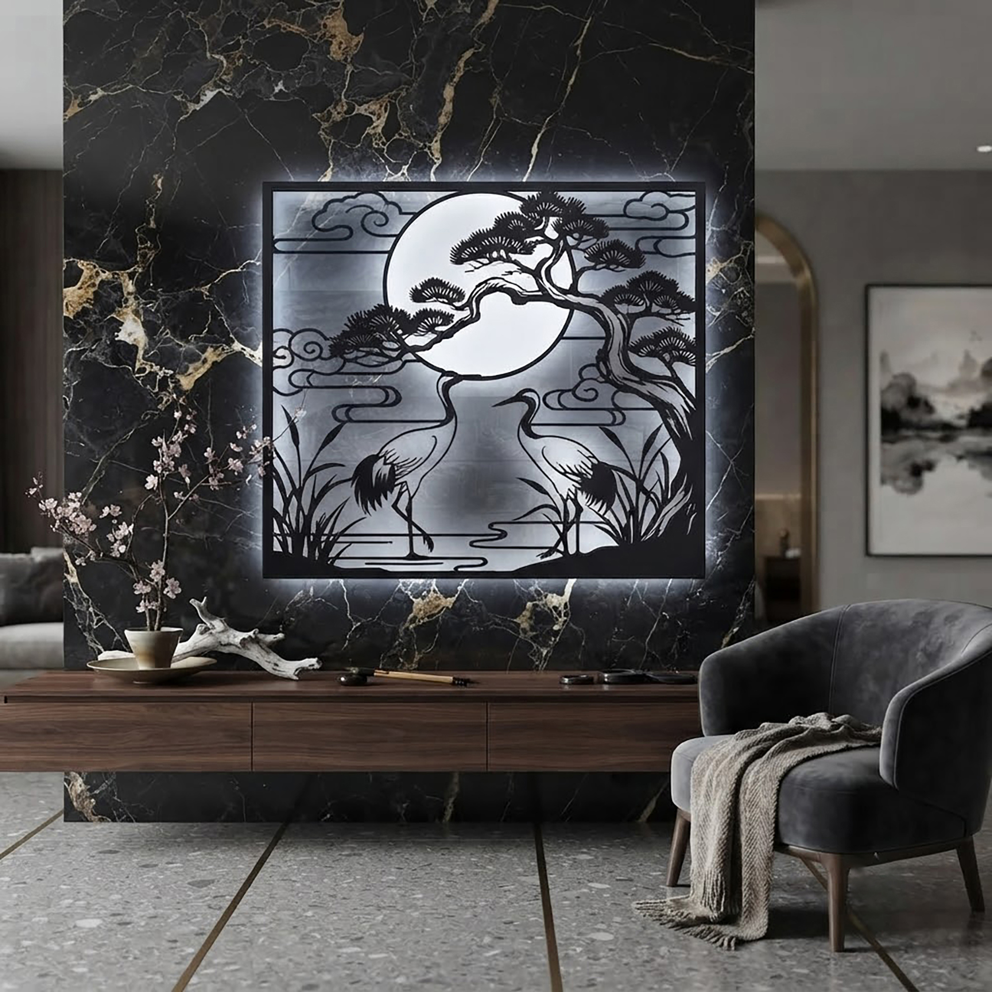 Japanese Crane LED Metal Wall Art - product view 2