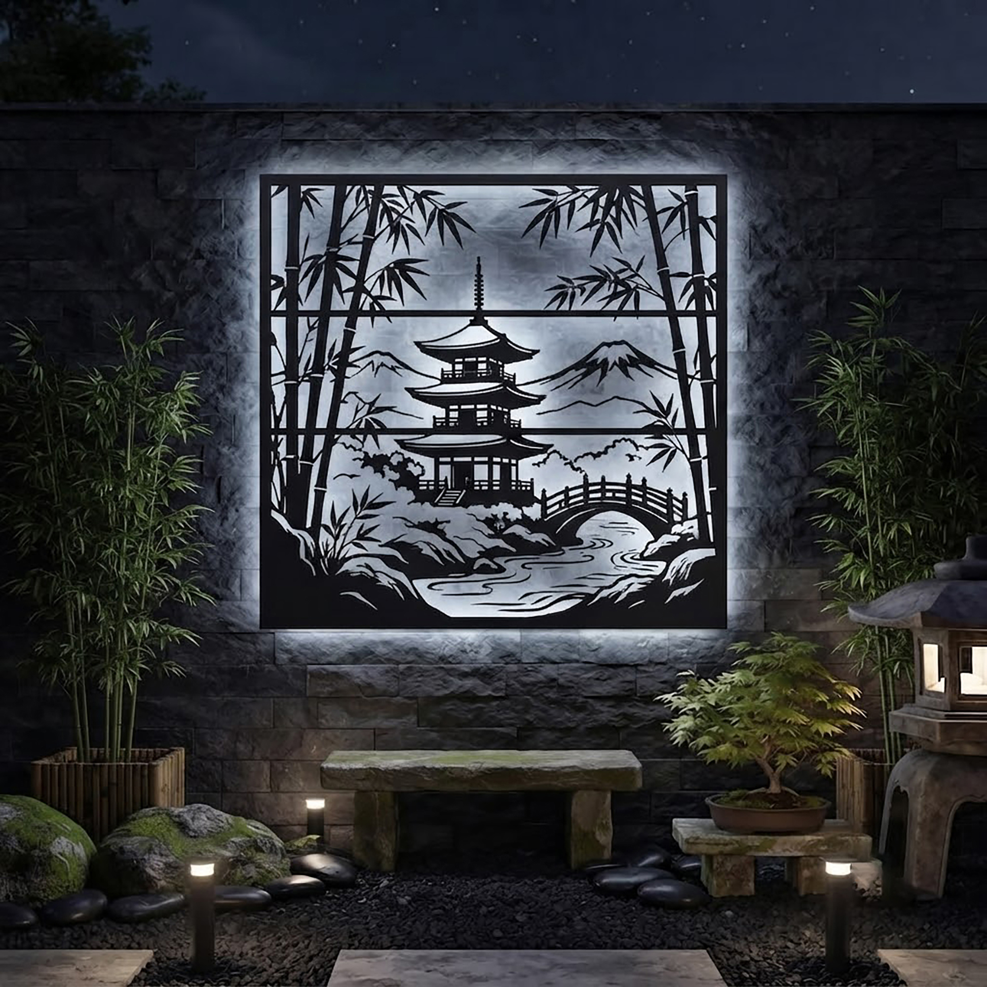 Japanese Pagoda LED Metal Wall Art
