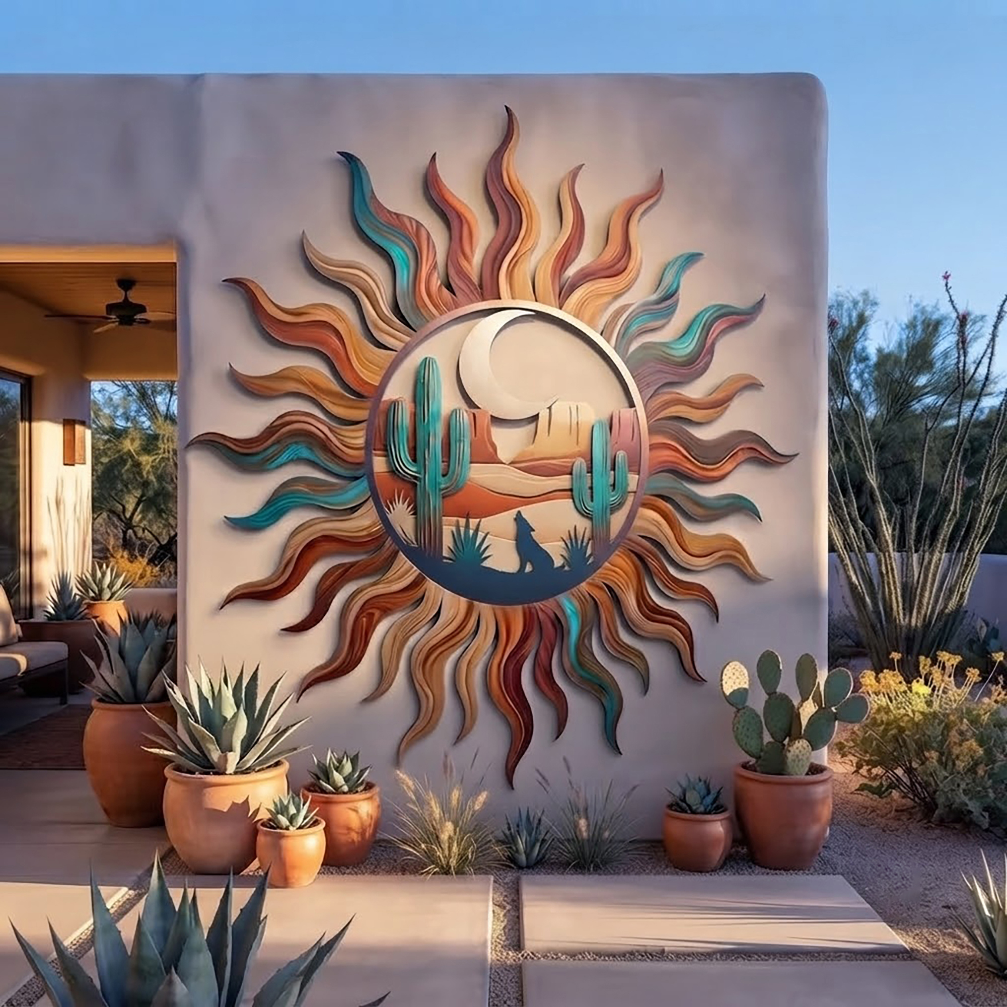Coyote Sun and Moon Metal Wall Art