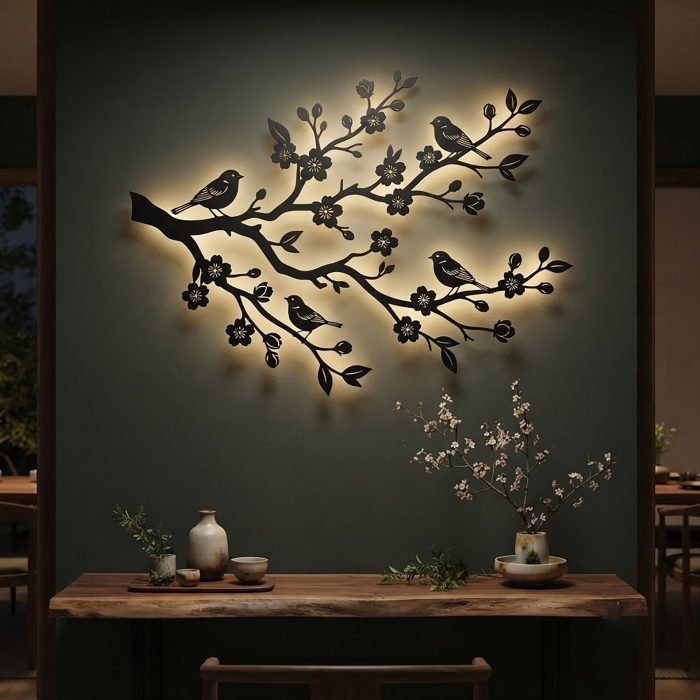 Birds on Cherry Blossom Branch Metal Wall Art