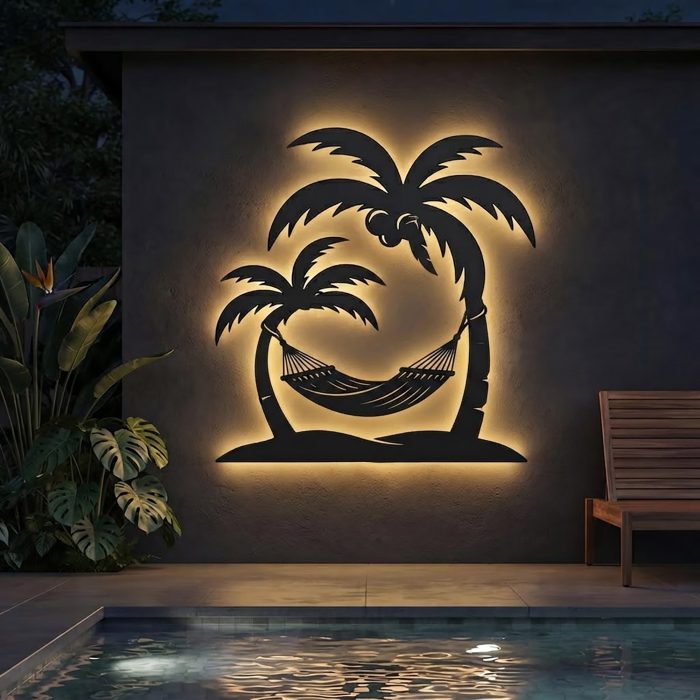 Palm Tree Hammock LED Metal Wall Art