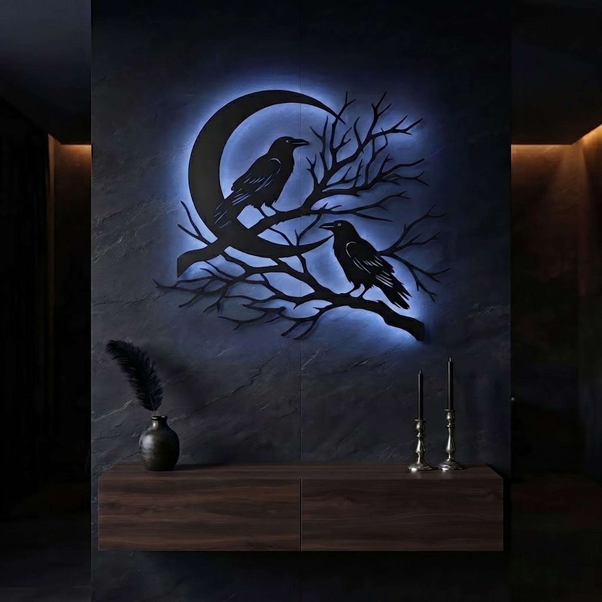 Raven Moon LED Metal Wall Art