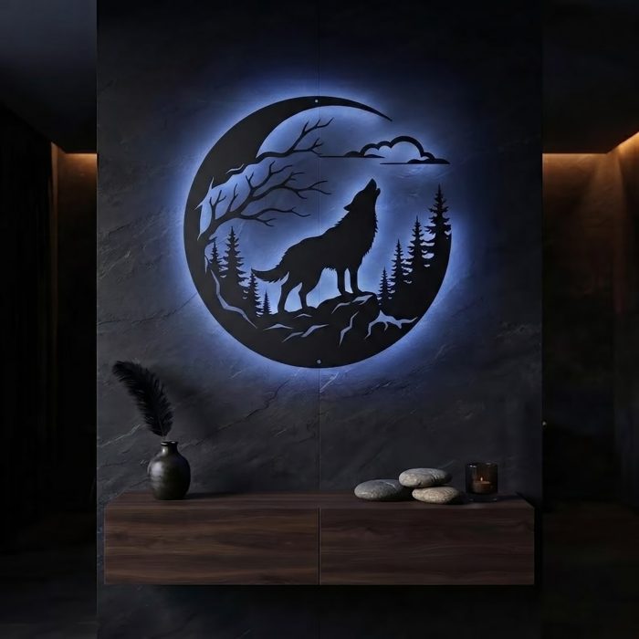Howling Wolf Moon LED Metal Wall Art