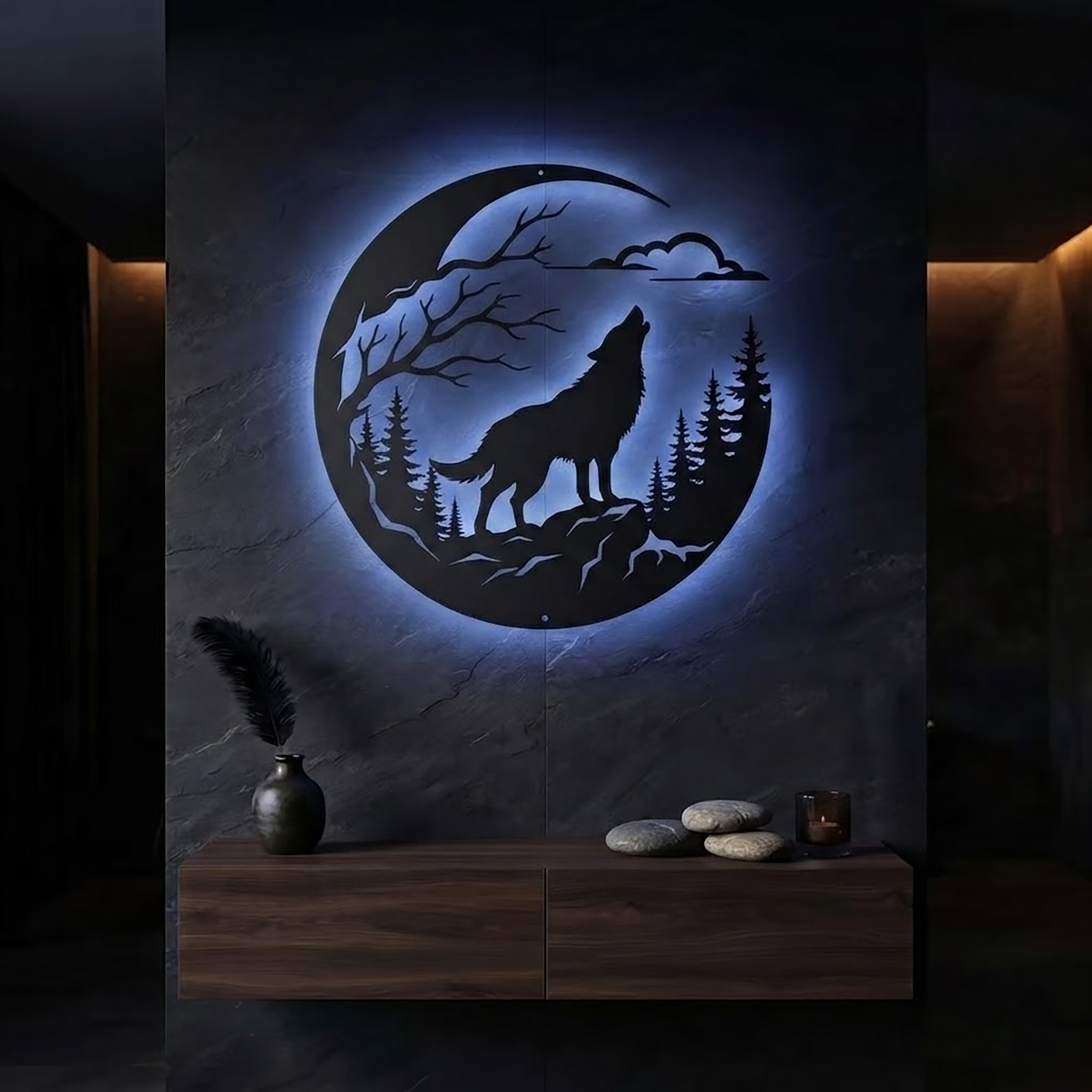 Howling Wolf Moon LED Metal Wall Art