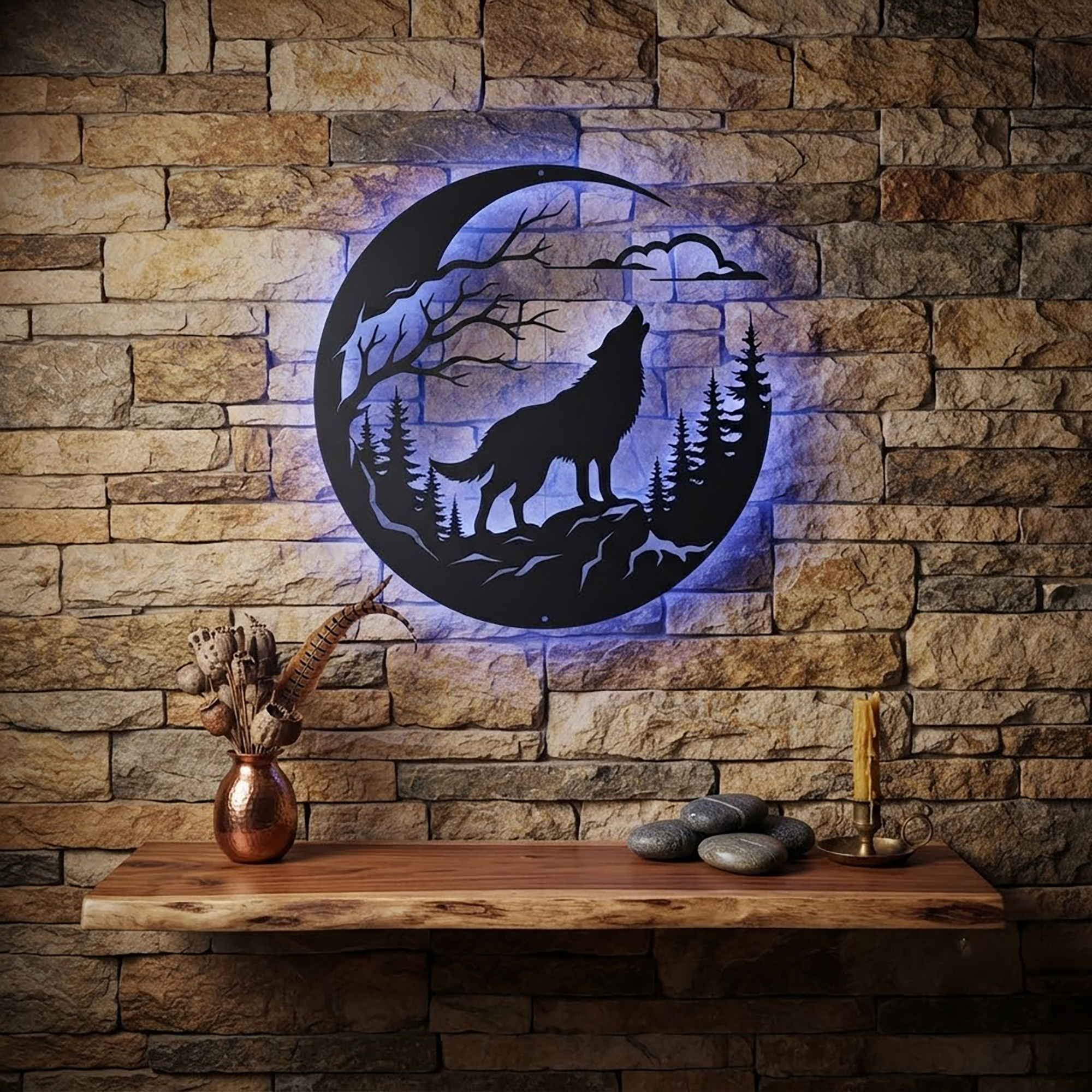 Howling Wolf Moon LED Metal Wall Art - product view 2