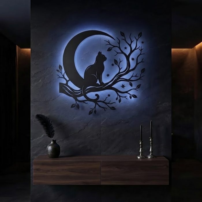 Black Cat Moon LED Metal Wall Art