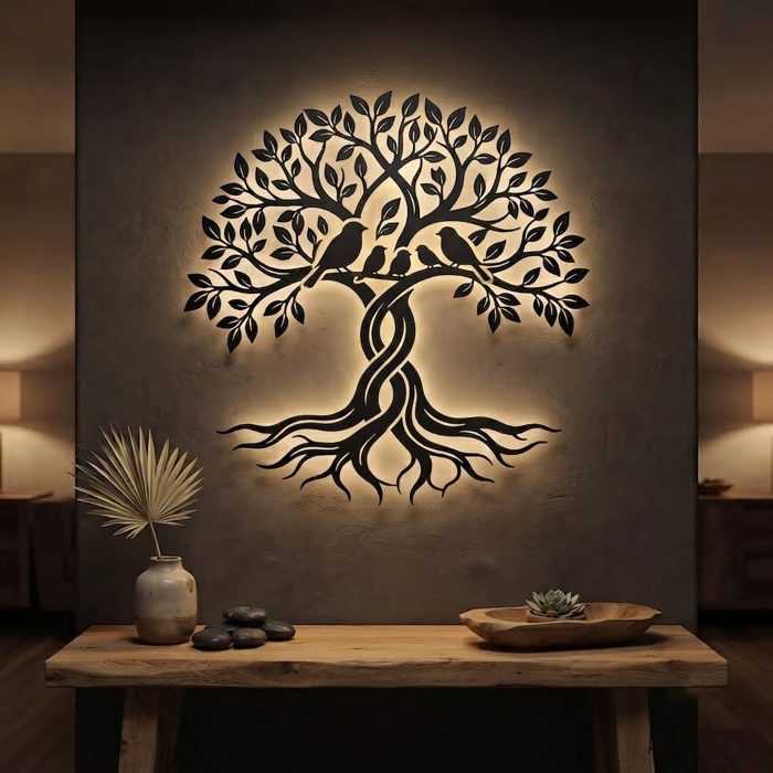 Bird Family Tree LED Metal Wall Art