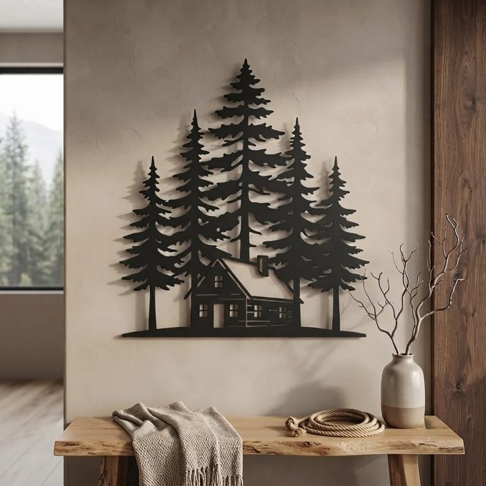 Cabin in Pine Forest Metal Wall Art