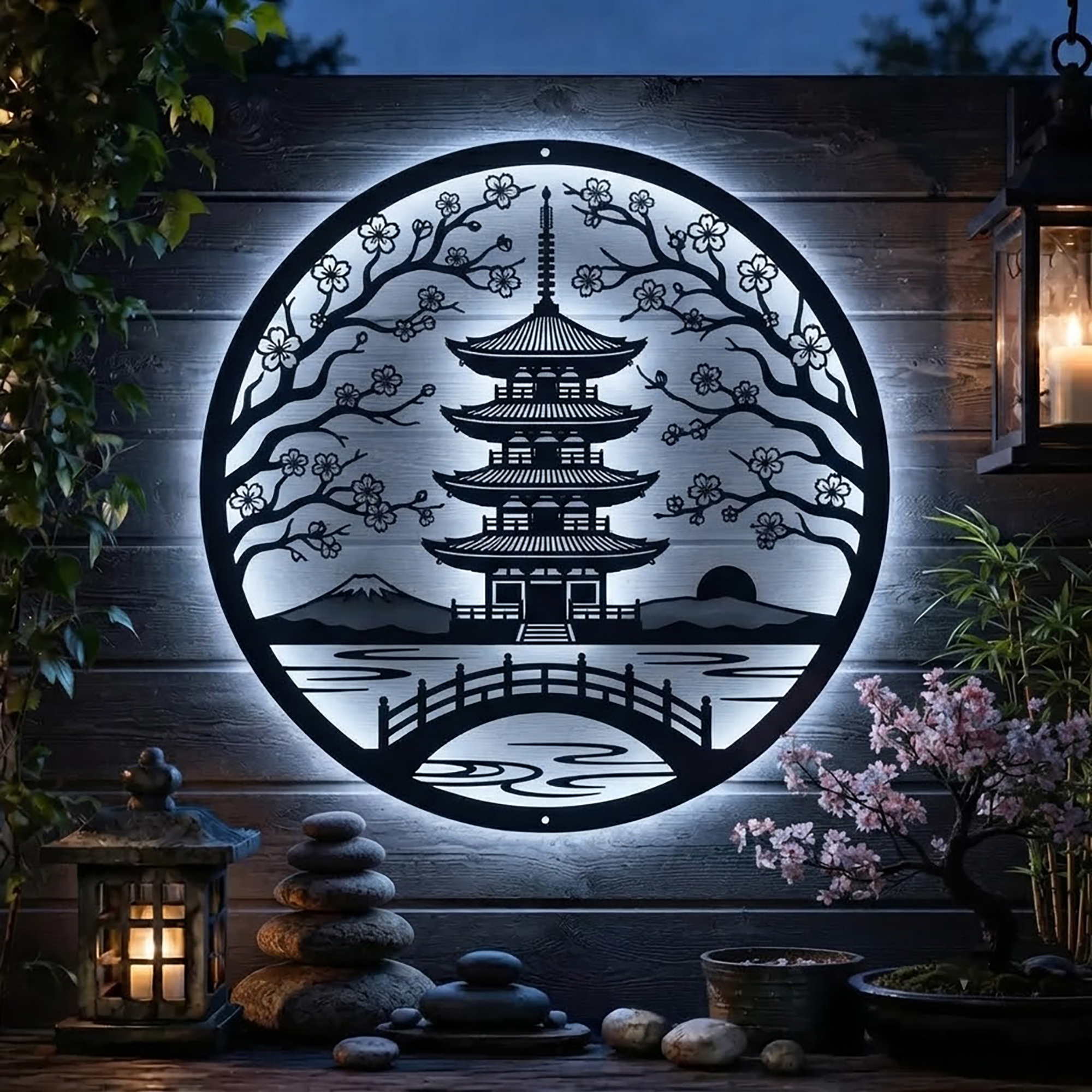Japanese Pagoda LED Metal Wall Art