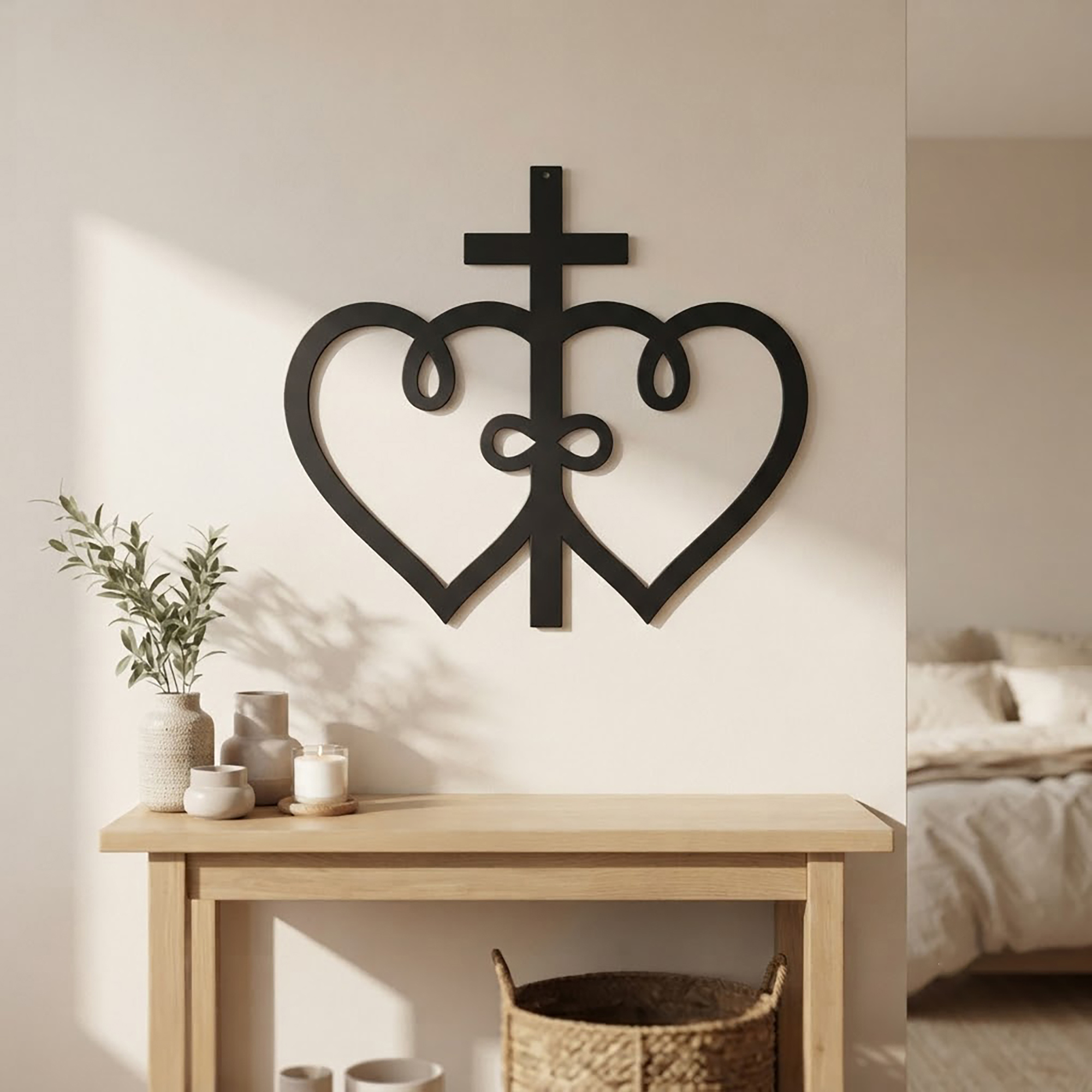 Double Heart Cross Metal Wall Art