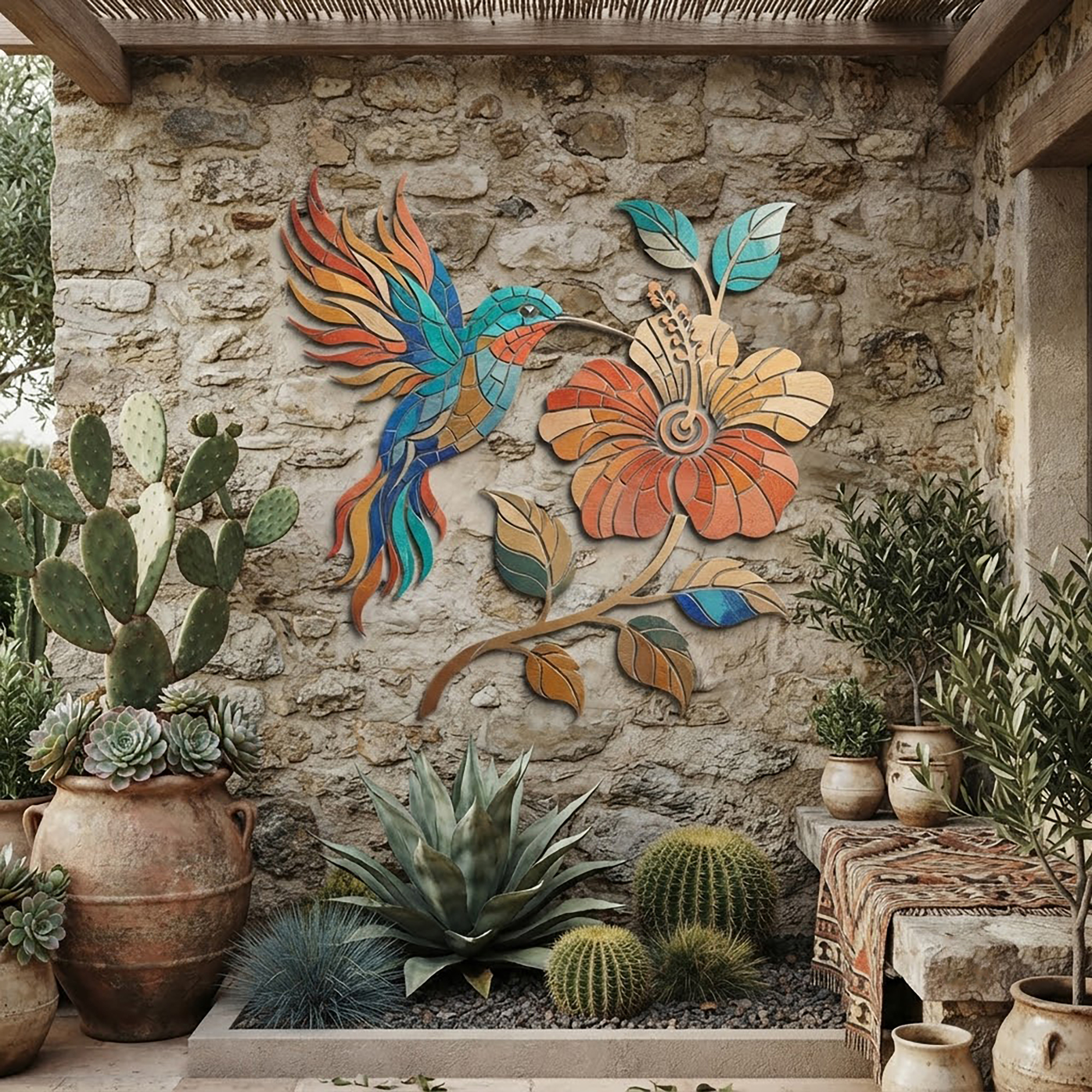 Hummingbird and Hibiscus Metal Wall Art - product view 2