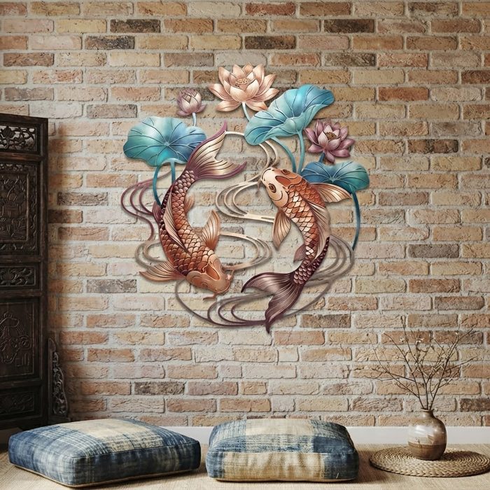 Koi Fish and Lotus Metal Wall Art