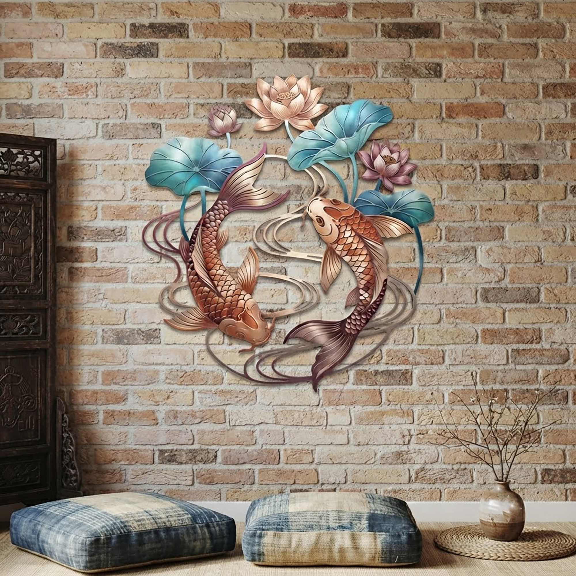 Koi Fish and Lotus Metal Wall Art