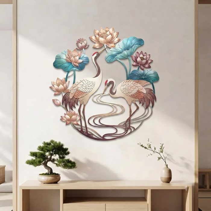 Japanese Cranes and Lotus Metal Wall Art