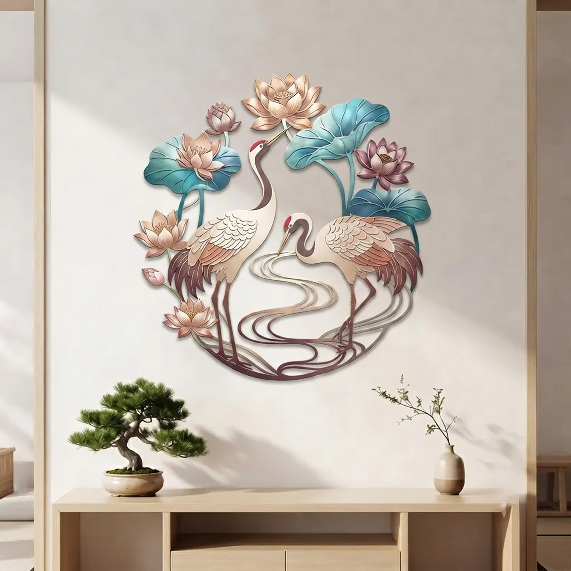 Japanese Cranes and Lotus Metal Wall Art