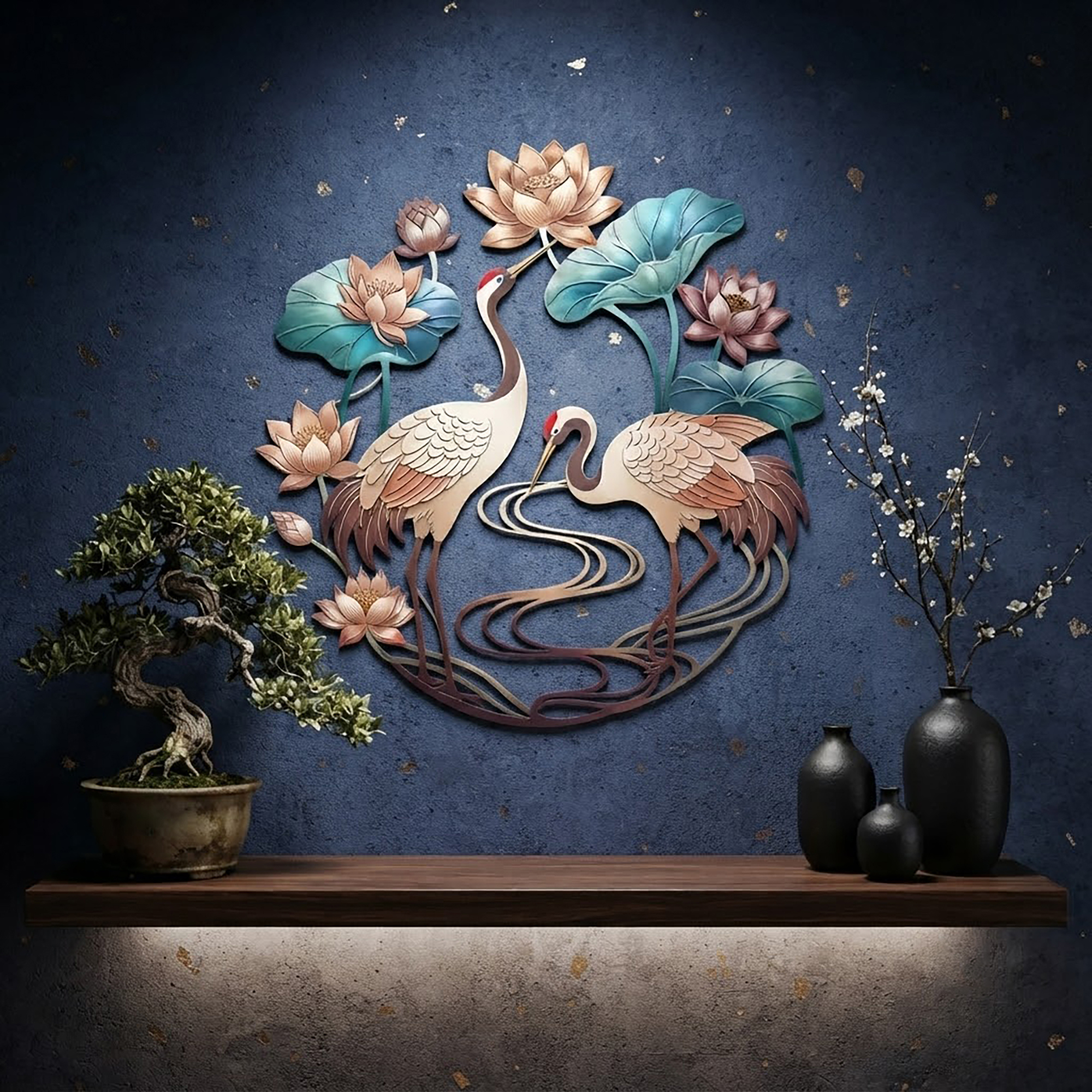 Japanese Cranes and Lotus Metal Wall Art - product view 2