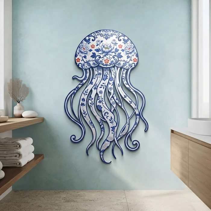 Blue and White Jellyfish Metal Wall Art