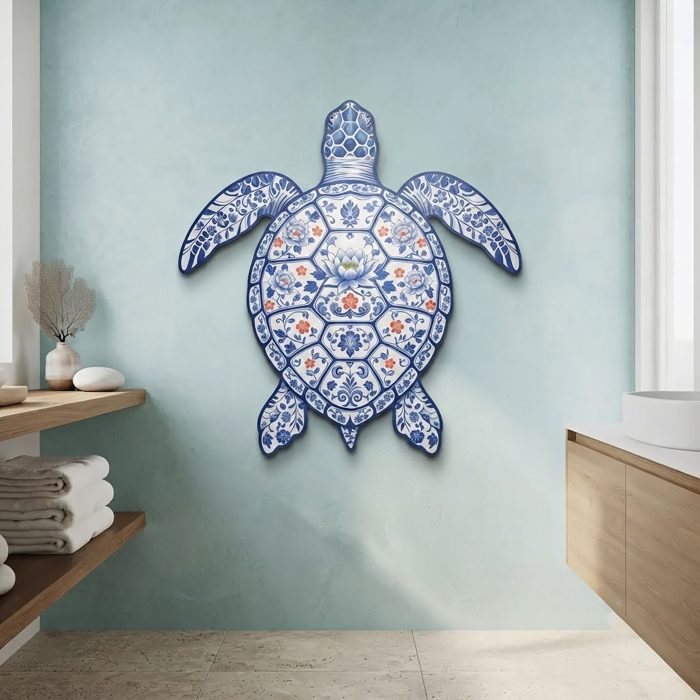 Blue and White Sea Turtle Metal Wall Art