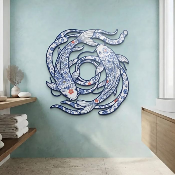 Blue and White Koi Fish Metal Wall Art