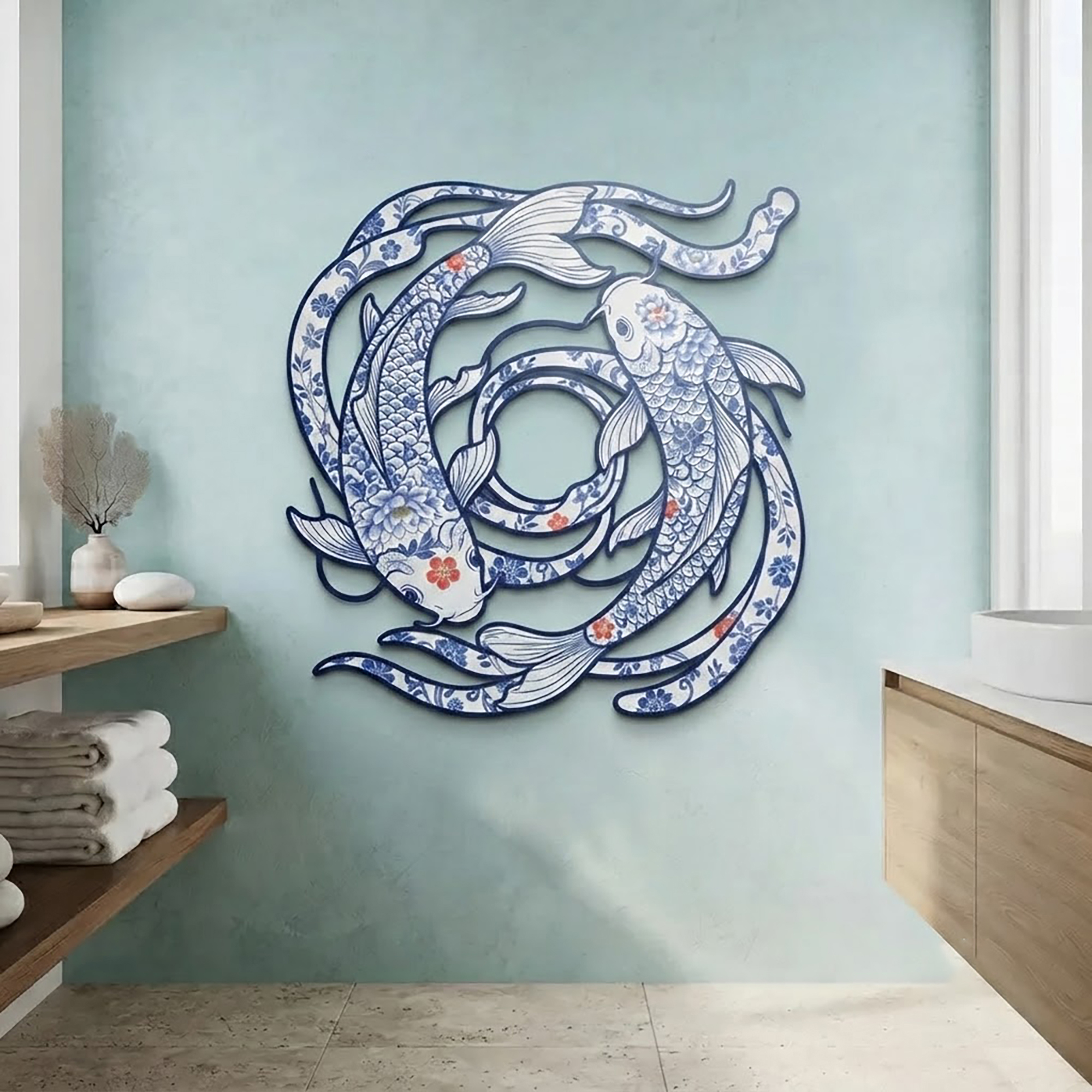 Blue and White Koi Fish Metal Wall Art