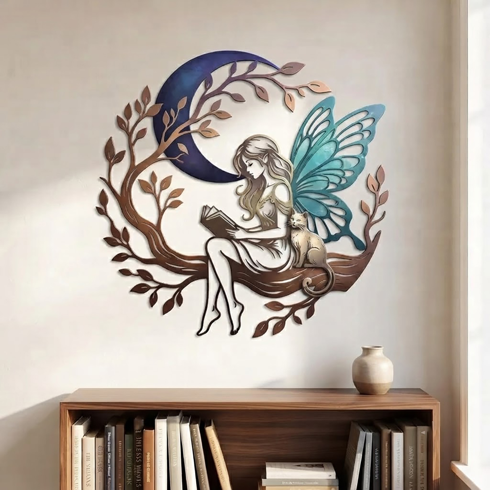 Reading Fairy and Cat Metal Wall Art