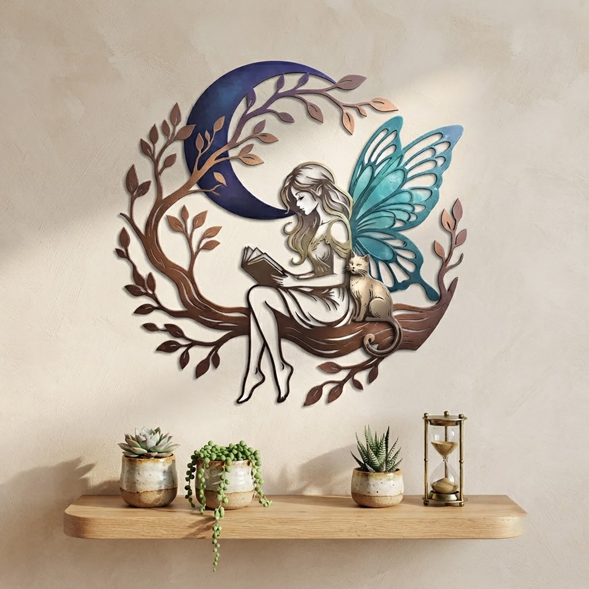 Reading Fairy and Cat Metal Wall Art - product view 2