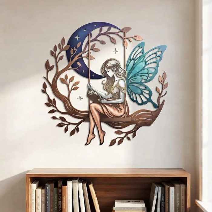 Reading Fairy on Swing Metal Wall Art