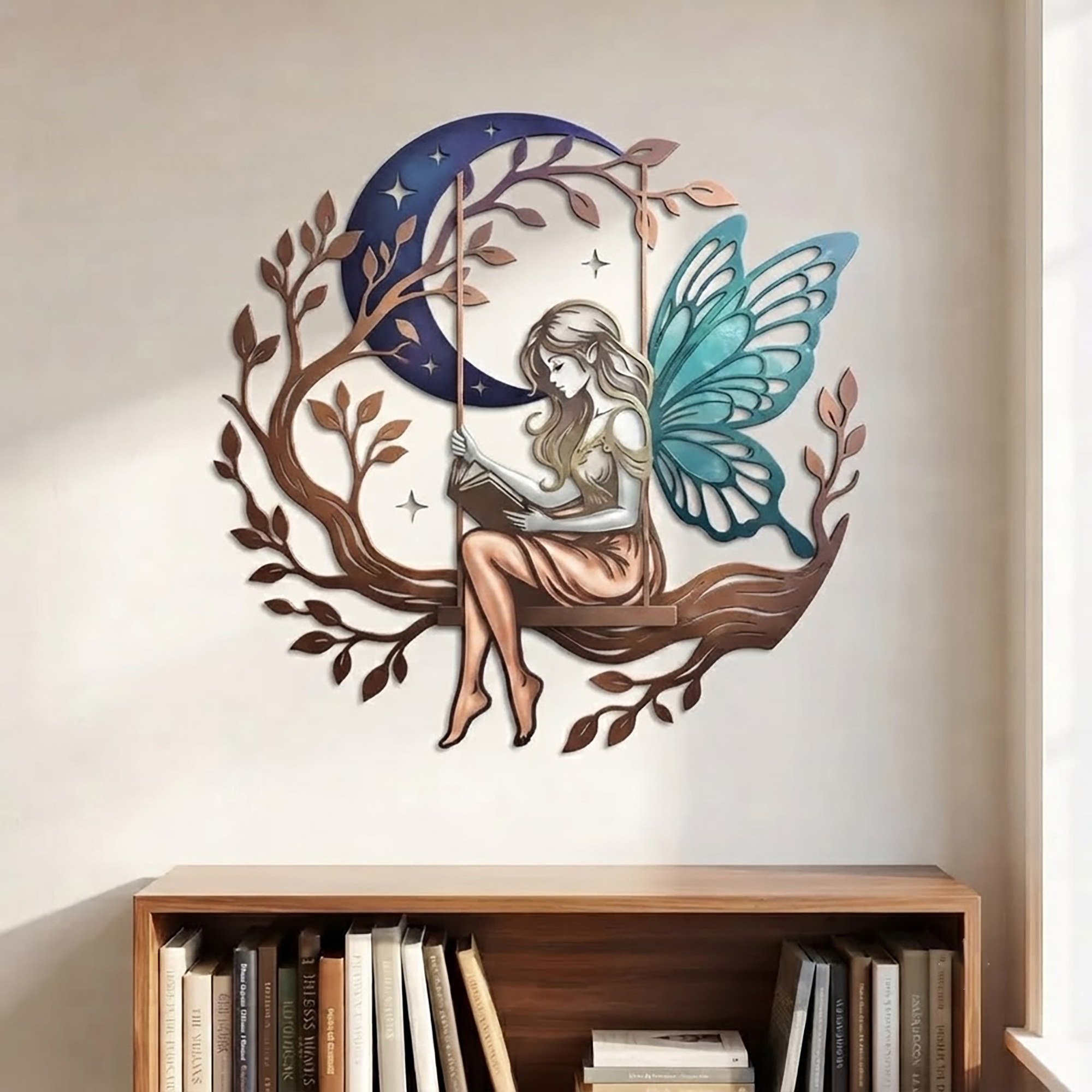 Reading Fairy on Swing Metal Wall Art