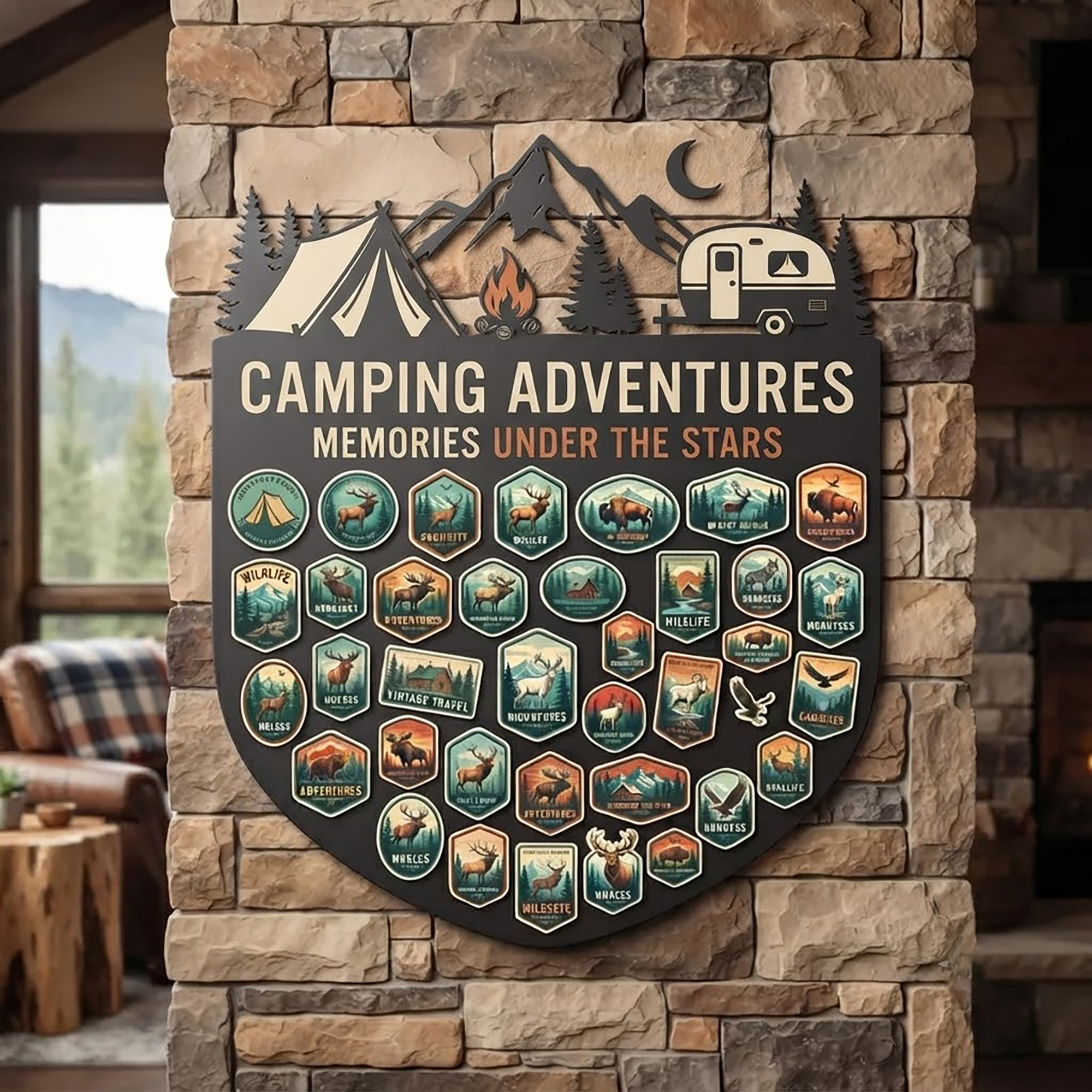 Camping Adventure Metal Badge Display