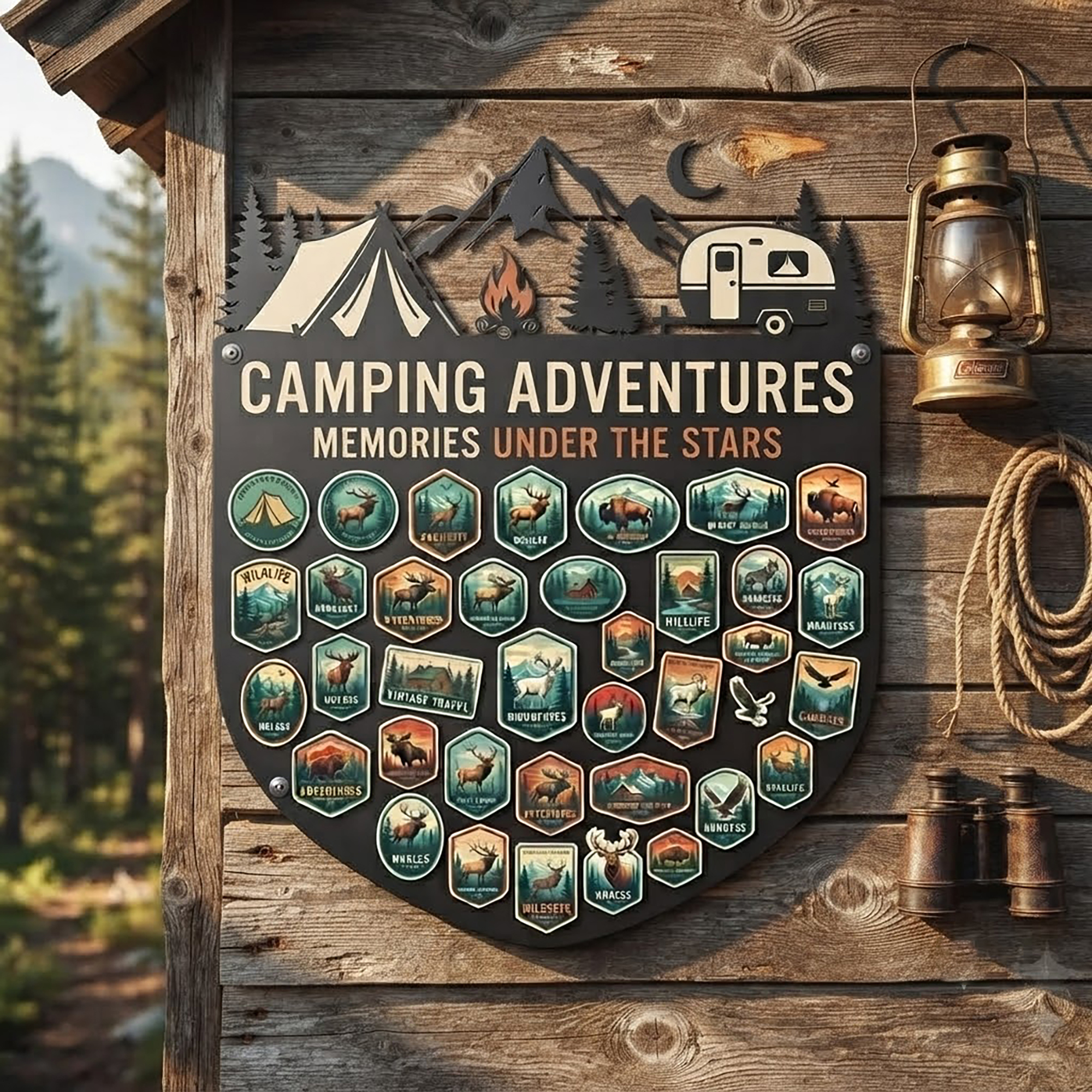 Camping Adventure Metal Badge Display - product view 2