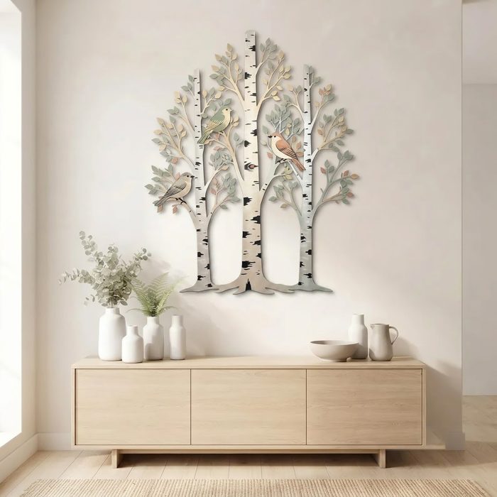 Birch Tree and Birds Metal Wall Art