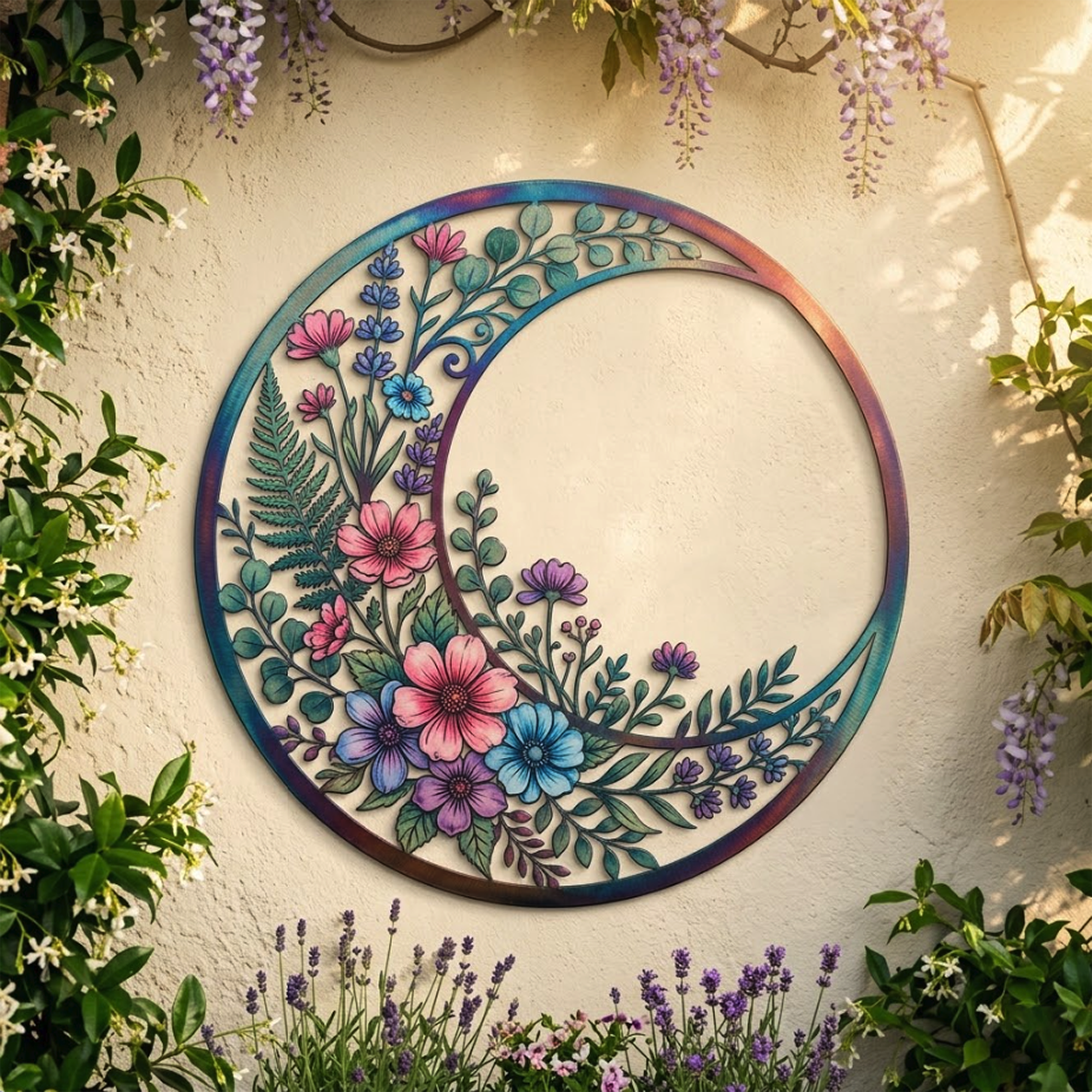 Floral Crescent Moon Metal Wall Art